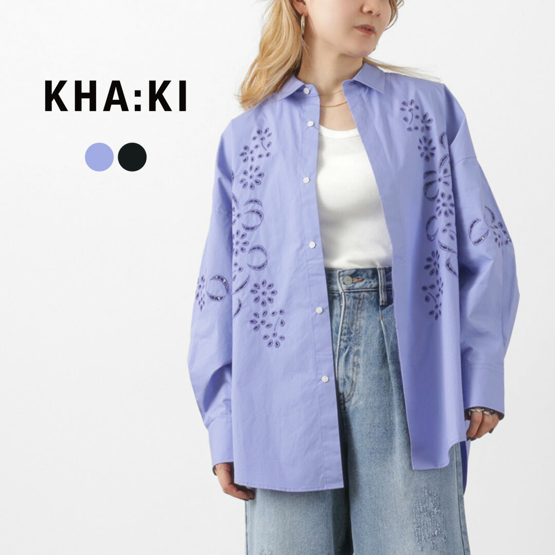 KHA:KI（カーキ） エンブロイダリー シャツ / レディース ブラウス 綿100 ロング レース 刺繍 透け感 EMBROIDERY SHIRT