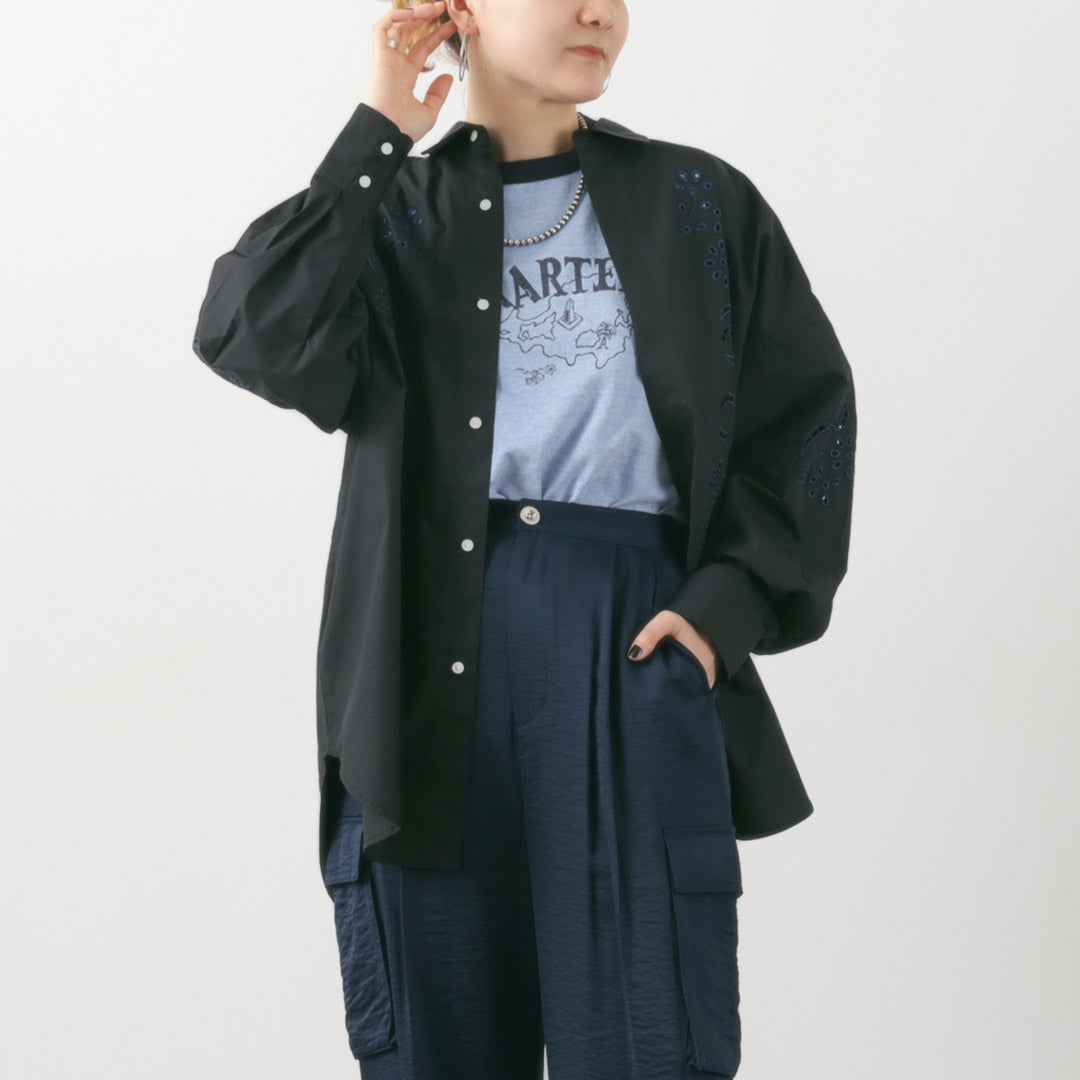 【30％OFF】KHA:KI（カーキ） エンブロイダリー シャツ / レディース ブラウス 綿100 ロング レース 刺繍 透け感 EMBROIDERY SHIRT【セール】