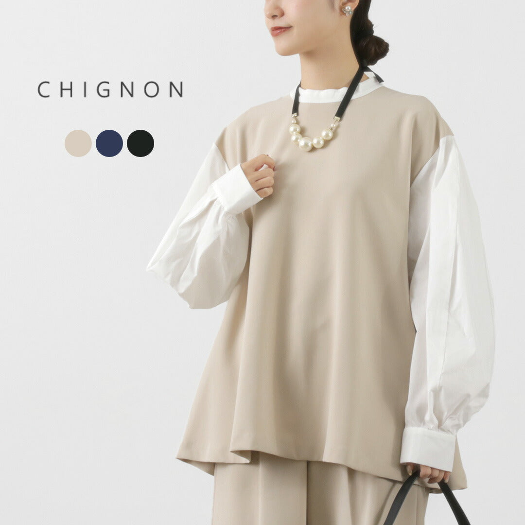 CHIGNON（シニヨン） ボリュームスリーブブラウス / レディース トップス チュニック 丸襟 長袖 異素材 フォーマル