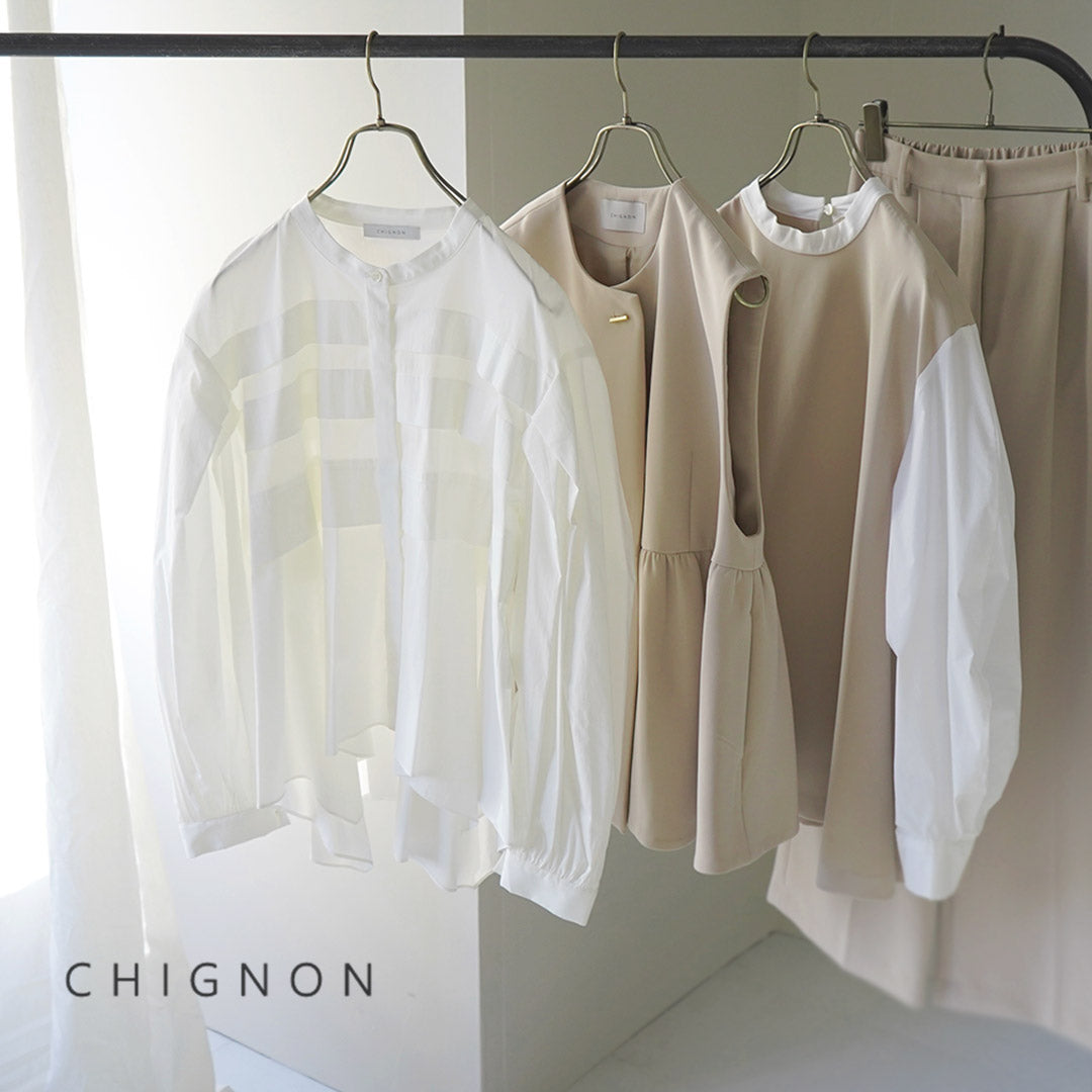 CHIGNON（シニヨン） ボリュームスリーブブラウス / レディース トップス チュニック 丸襟 長袖 異素材 フォーマル