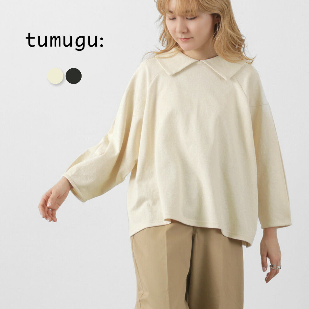 TUMUGU（ツムグ） ミディアムコットン天竺 襟付きプルオーバー / レディース ニット カットソー ラグラン 七分袖 半端袖 日本製