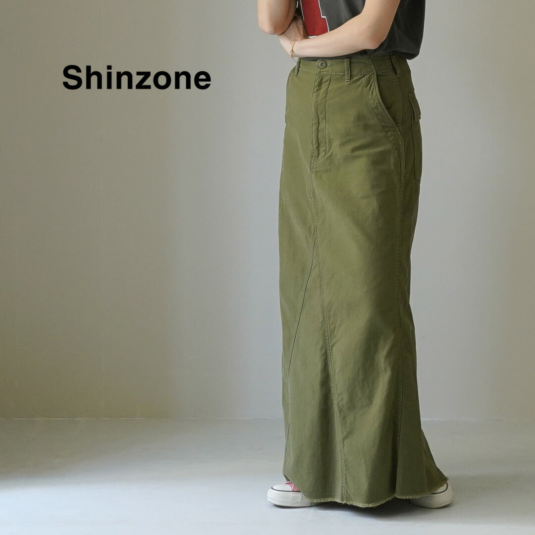 SHINZONE（シンゾーン） ウォッシュド ベイカースカート / レディース ロング マキシ フリンジ カーキ 綿100 日本製 WASHED BAKER SKIRT 24MMSSK04