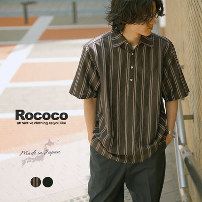 ROCOCO（ロココ） キュプラリネン 布帛ポロ / メンズ シャツ プルオーバー 半袖 ストライプ コットン リネン 日本製