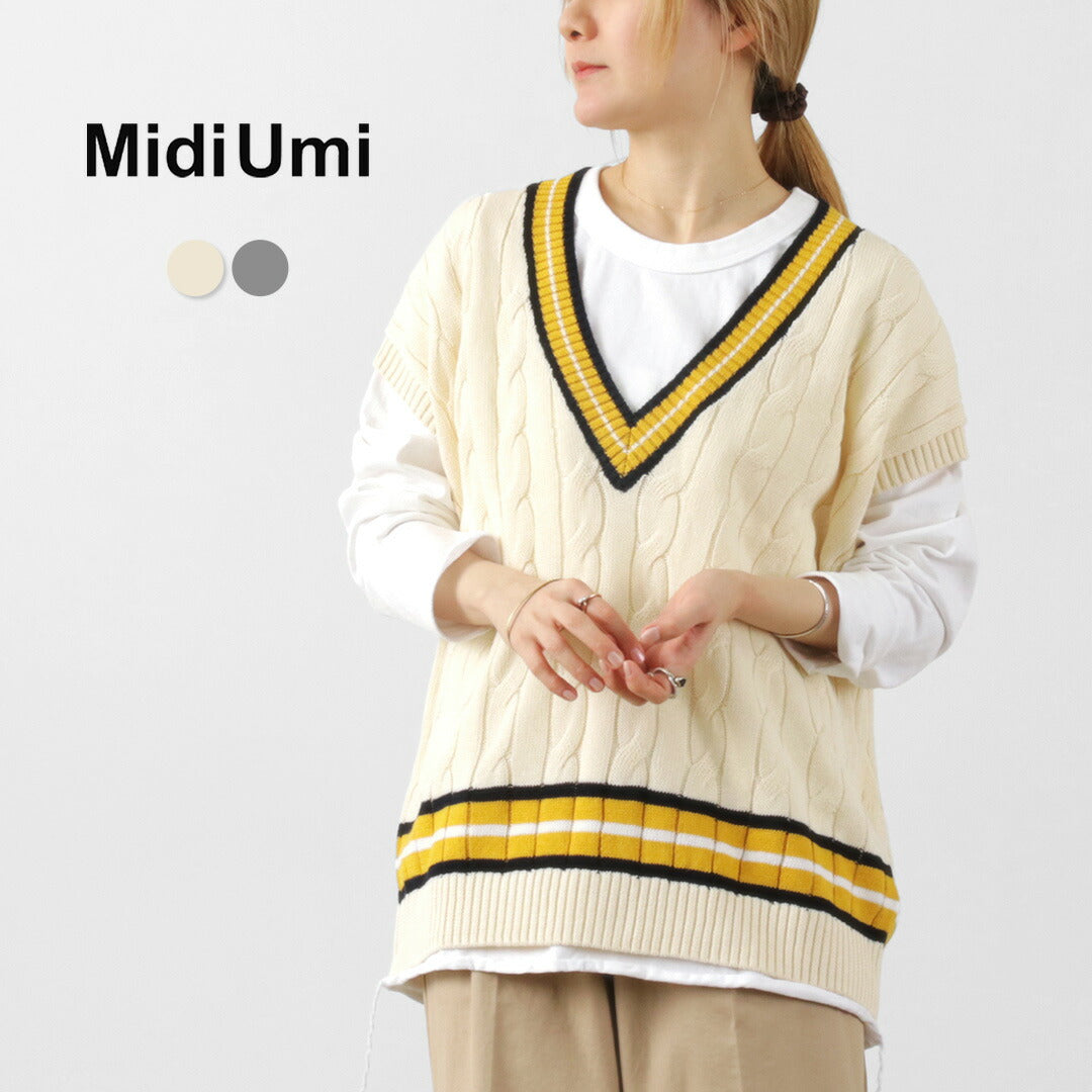 MIDIUMI（ミディウミ） チルデン ベスト / レディース 春 綿 麻 コットン リネン ケーブル編み Vネック