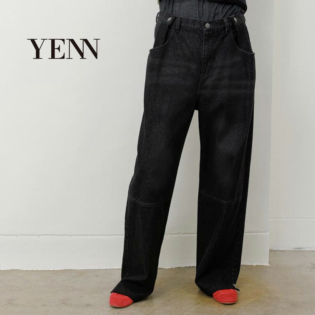 YENN（イェン） タックベルト デザイン パンツ / レディース ブラックデニム ジーンズ ワイド 綿100％ コットン TUCK BELT DESIGN PANTS PREFALL