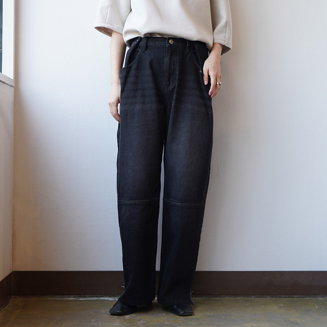 YENN（イェン） タックベルト デザイン パンツ / レディース ブラックデニム ジーンズ ワイド 綿100％ コットン TUCK BELT DESIGN PANTS PREFALL