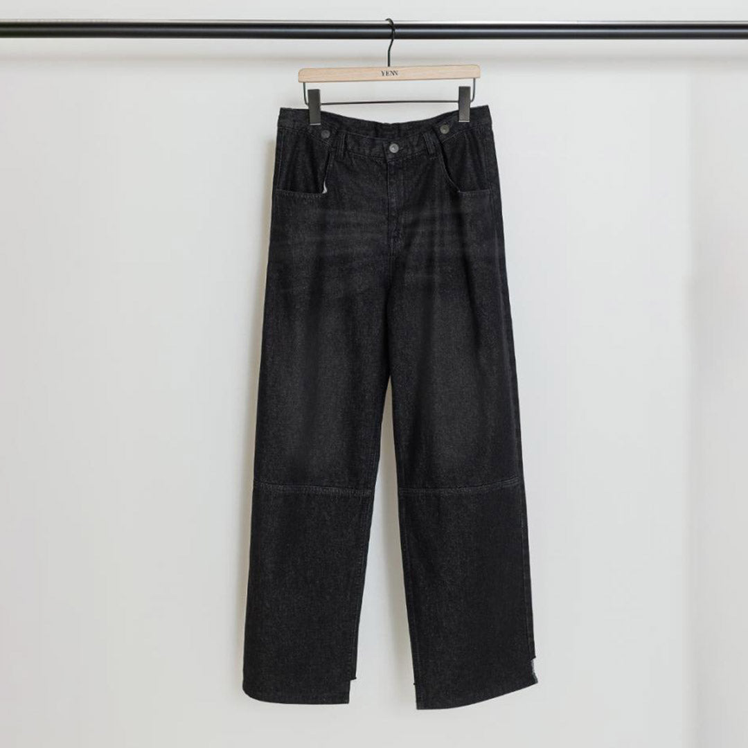 YENN（イェン） タックベルト デザイン パンツ / レディース ブラックデニム ジーンズ ワイド 綿100％ コットン TUCK BELT DESIGN PANTS PREFALL