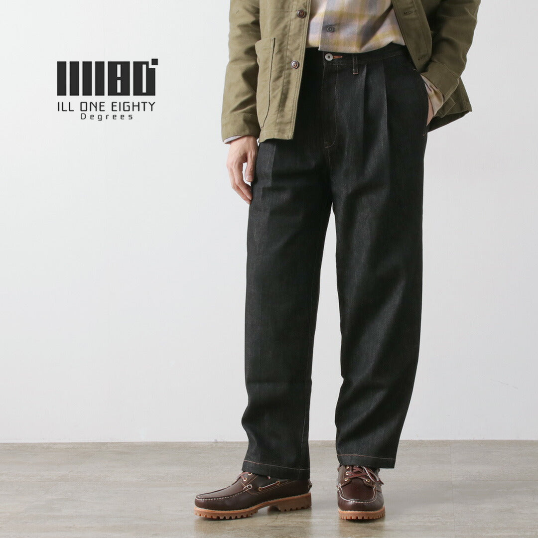 ILL ONE EIGHTY（イルワンエイティー） デニム 2タックパンツ / メンズ ブラックデニム テーパード ジーンズ 日本製 DENIM 2-TUCK PANTS