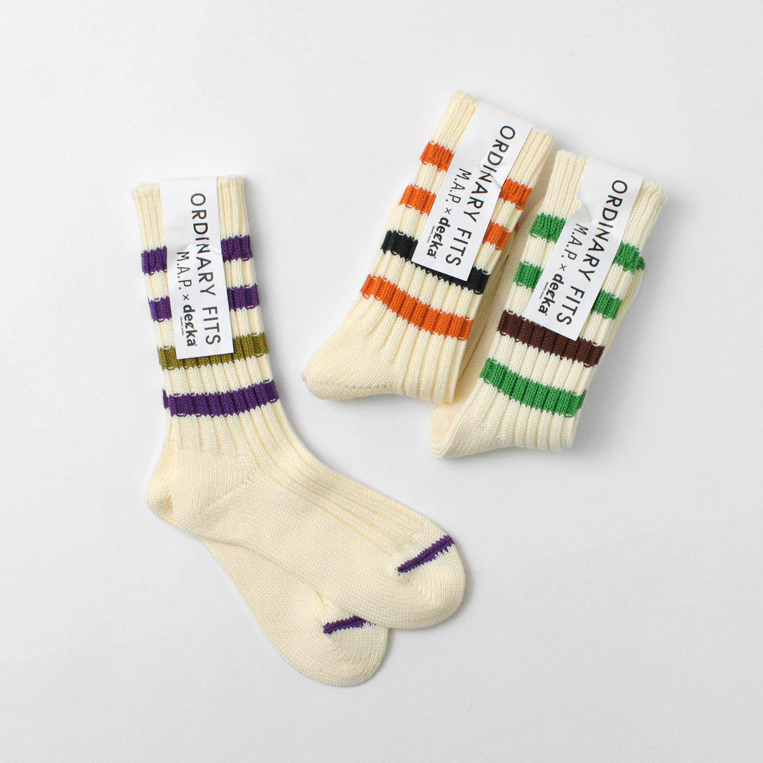 DECKA QUALITY SOCKS（デカ）M.A.P ヘビーウエイト ラインソックス / ユニセックス 靴下 クルーソックス ボーダー コラボ 日本製 ORDINARY TITS M.A.P Heavyweight Socks Stripes