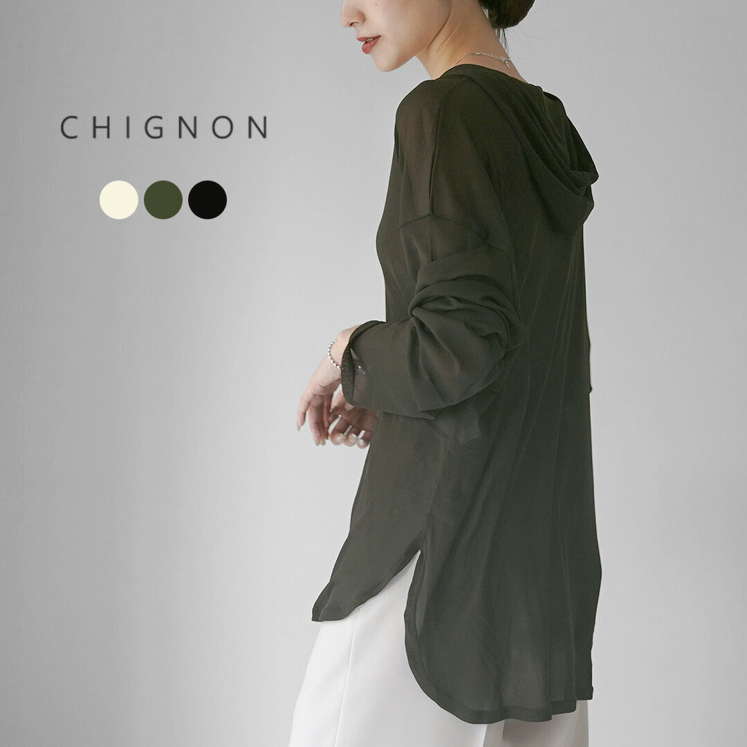 CHIGNON（シニヨン） フ—ディー チュールプルオーバー / 透け感 シアー フード トップス Tシャツ 長袖 レディース 重ね着