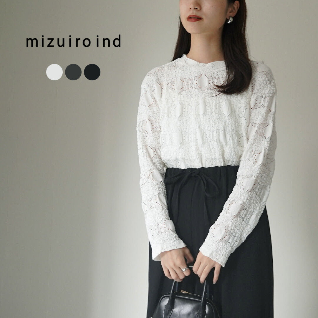 mizuiro ind（ミズイロインド） シアー柄編みクルーネックロングTシャツ / レディース トップス カットソー 長袖 sheer pattern knitting crew neck long T