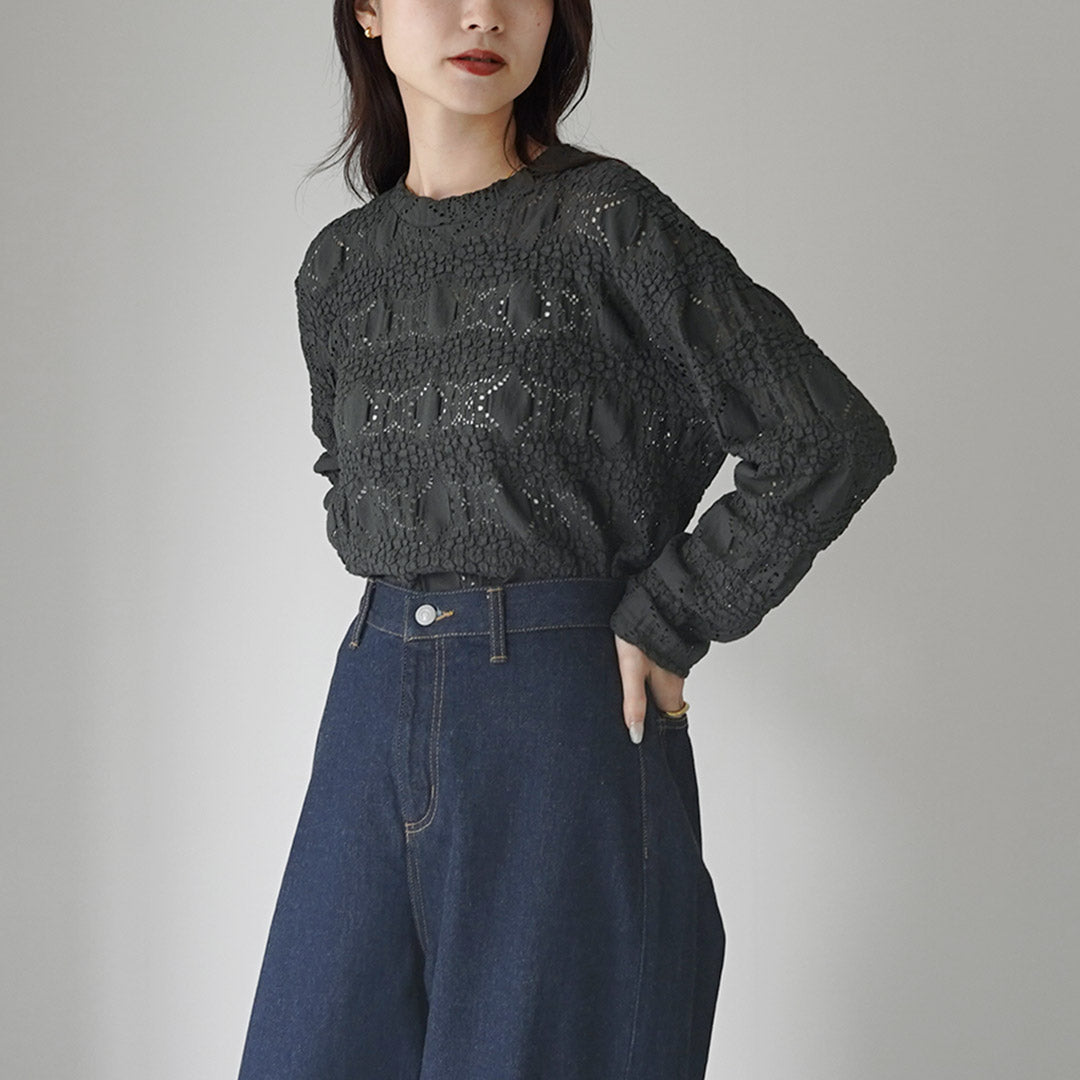 mizuiro ind（ミズイロインド） シアー柄編みクルーネックロングTシャツ / レディース トップス カットソー 長袖 sheer pattern knitting crew neck long T