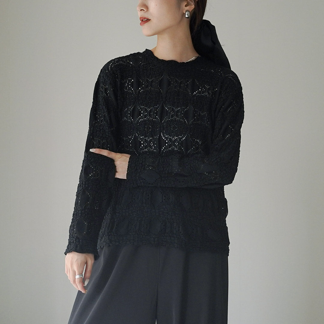 mizuiro ind（ミズイロインド） シアー柄編みクルーネックロングTシャツ / レディース トップス カットソー 長袖 sheer pattern knitting crew neck long T