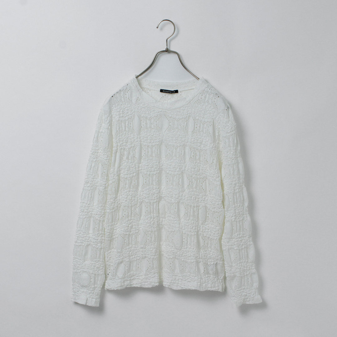 mizuiro ind（ミズイロインド） シアー柄編みクルーネックロングTシャツ / レディース トップス カットソー 長袖 sheer pattern knitting crew neck long T