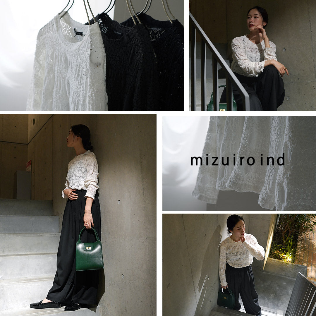 mizuiro ind（ミズイロインド） シアー柄編みクルーネックロングTシャツ / レディース トップス カットソー 長袖 sheer pattern knitting crew neck long T