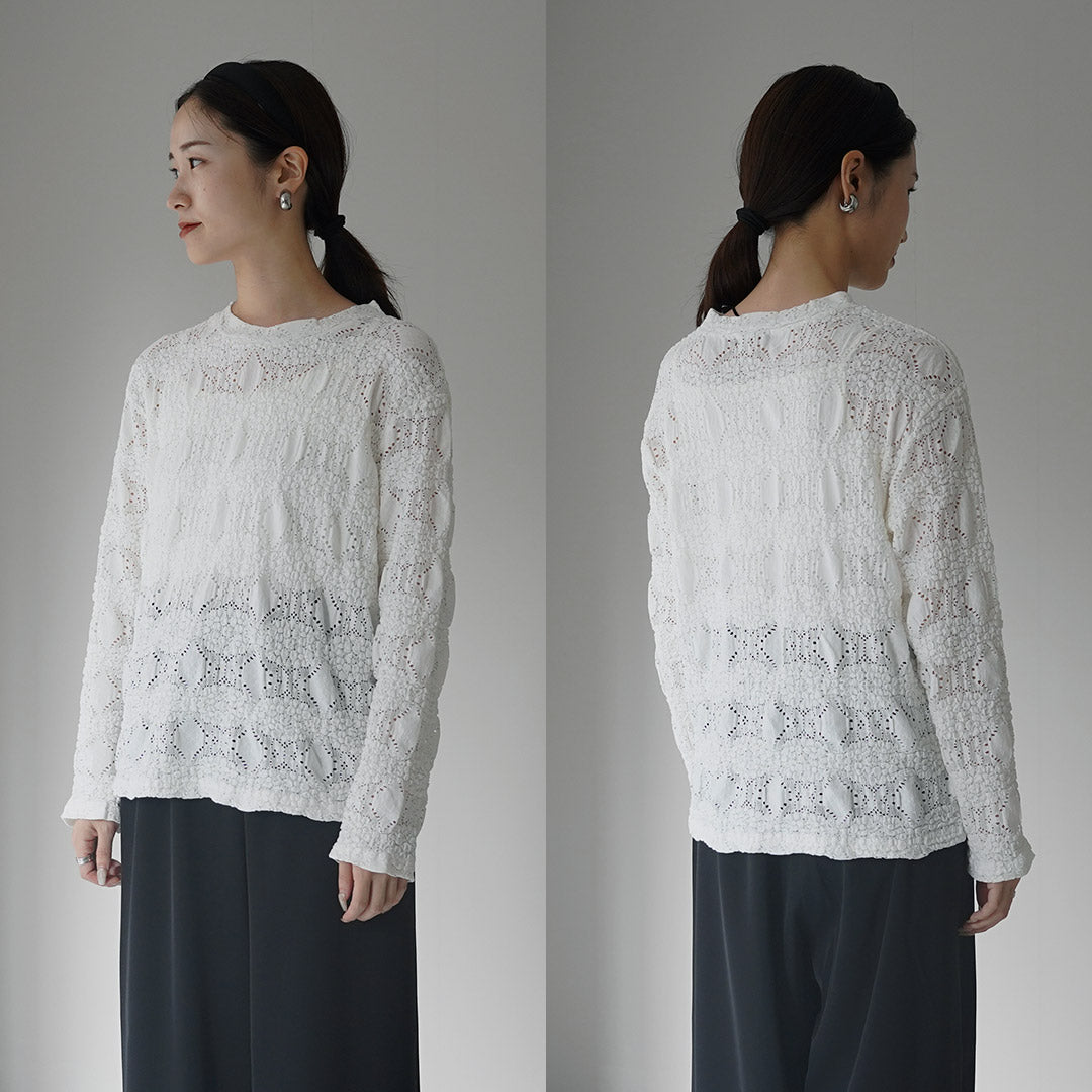 mizuiro ind（ミズイロインド） シアー柄編みクルーネックロングTシャツ / レディース トップス カットソー 長袖 sheer pattern knitting crew neck long T