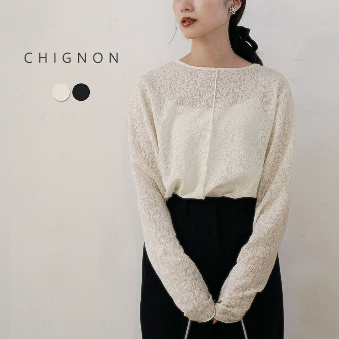 【予約販売：12月中旬発送予定】CHIGNON（シニヨン） カットジャガード インナートップス / レディース トップス Tシャツ カットソー 長袖 フォーマル オケージョン シアー 柄