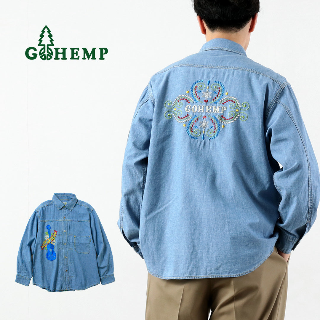 GOHEMP（ゴーヘンプ） 刺繍 プリーツワークシャツ ヘンプコットンシャンブレー