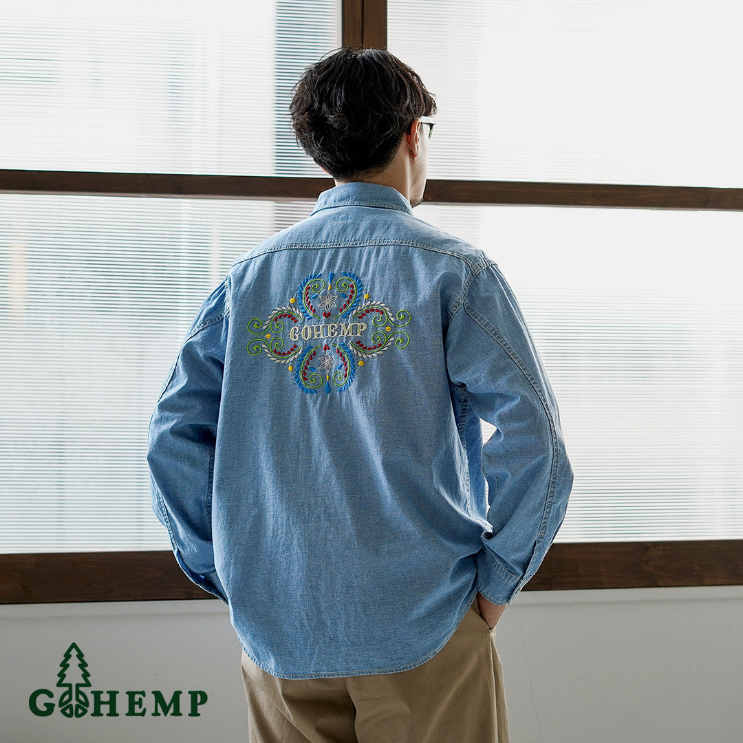 GOHEMP（ゴーヘンプ） 刺繍 プリーツワークシャツ ヘンプコットンシャンブレー