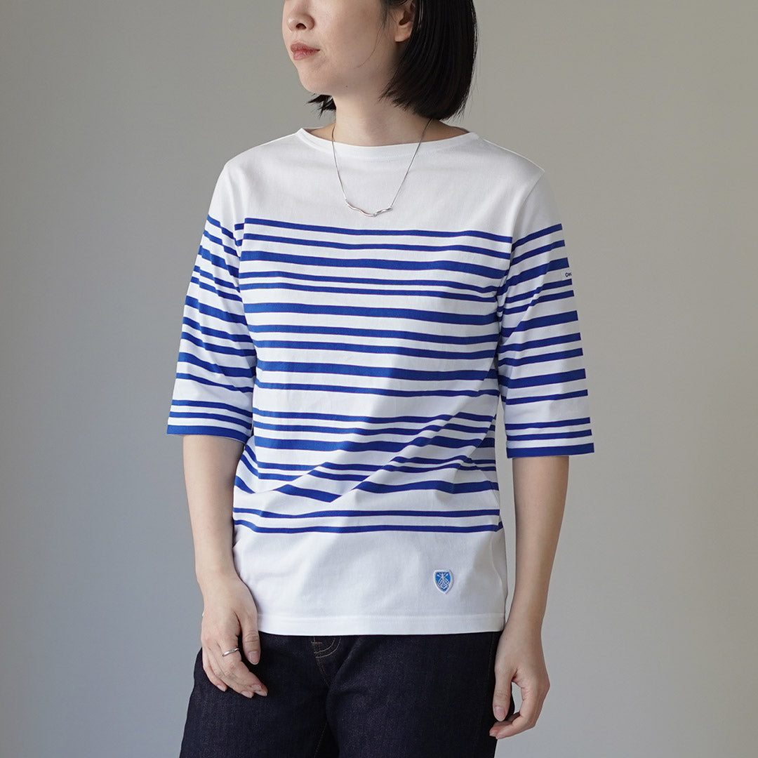 ORCIVAL（オーシバル） ボートネック パネル ランダムボーダー ハーフスリーブ プルオーバー 5分袖 日本製