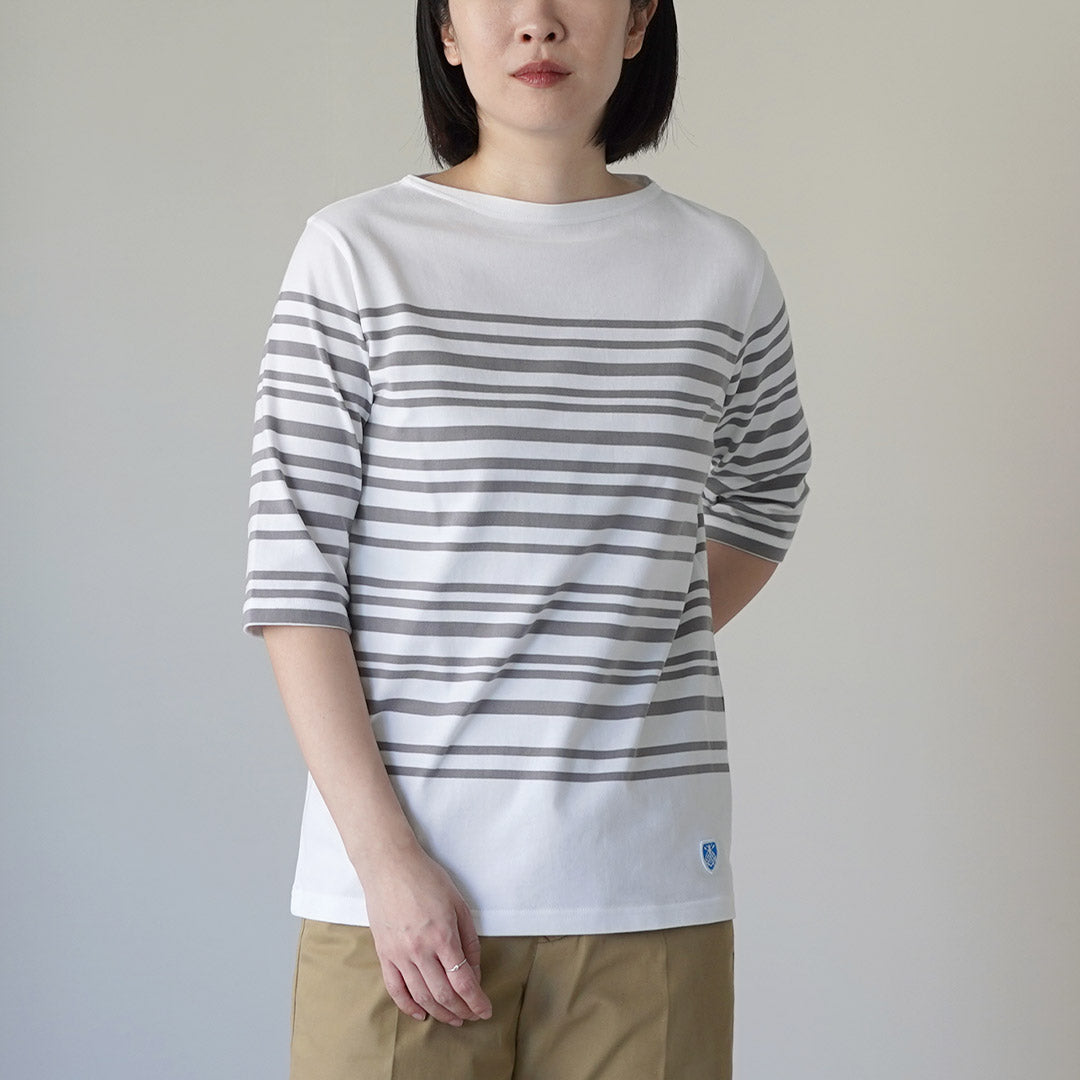 ORCIVAL（オーシバル） ボートネック パネル ランダムボーダー ハーフスリーブ プルオーバー 5分袖 日本製