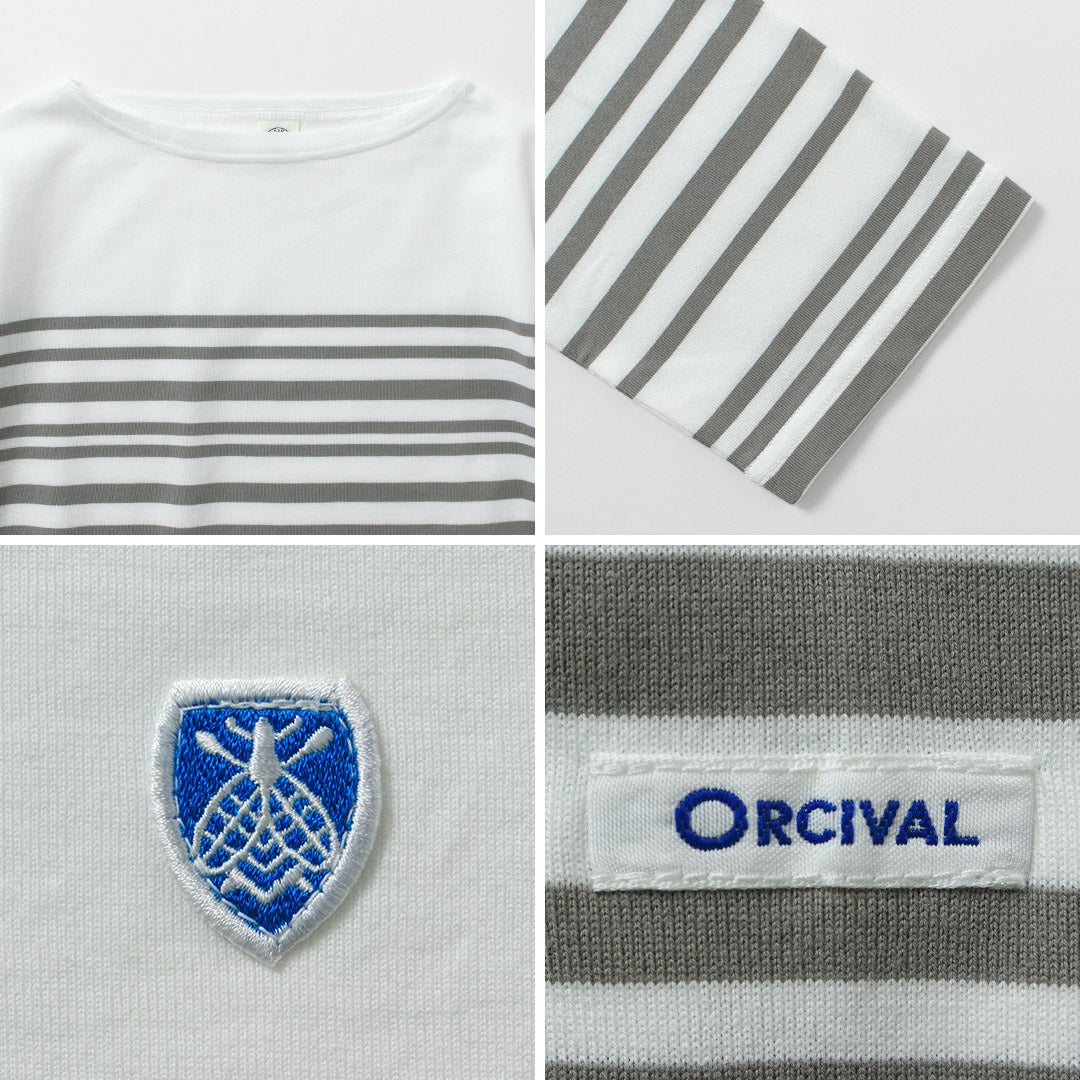 ORCIVAL（オーシバル） ボートネック パネル ランダムボーダー ハーフスリーブ プルオーバー 5分袖 日本製