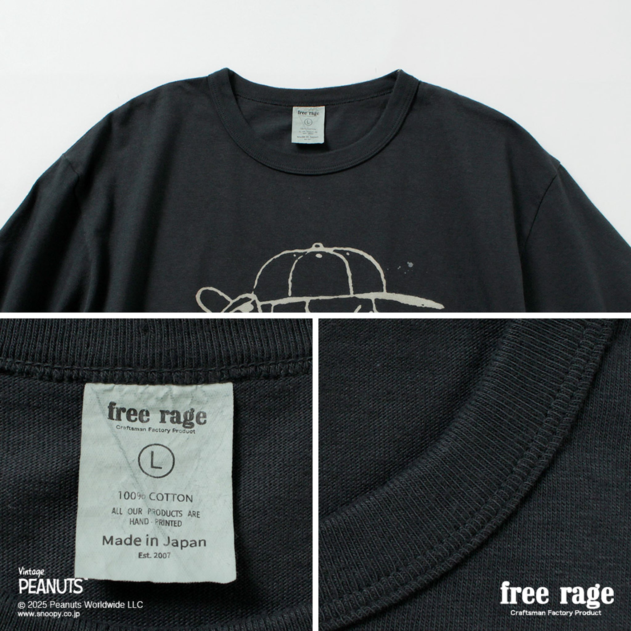 【予約販売：2月下旬発送予定】FREE RAGE（フリーレイジ） PEANUTS×free rage チャーリー・ブラウン プリント リサイクルコットン ショートスリーブTシャツ