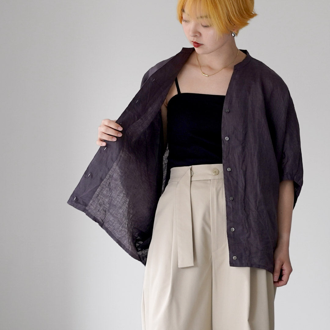 mizuiro ind（ミズイロインド） リネンスタンドカラー コクーンシャツ