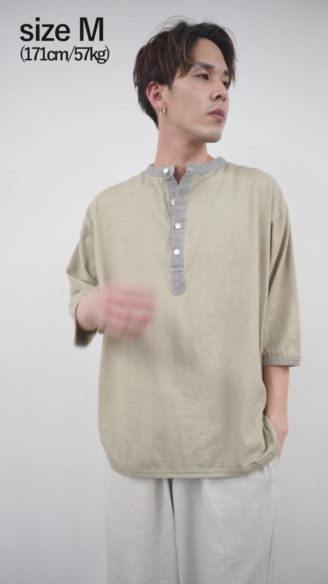 SLOW HANDS（スローハンズ）ヘンリーネック コンビ Tシャツ 6分袖 / 半袖 綿 速乾 ラウンドカット コットン ヘンプ メンズ
