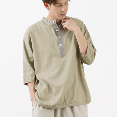 SLOW HANDS（スローハンズ）ヘンリーネック コンビ Tシャツ 6分袖 / 半袖 綿 速乾 ラウンドカット コットン ヘンプ メンズ