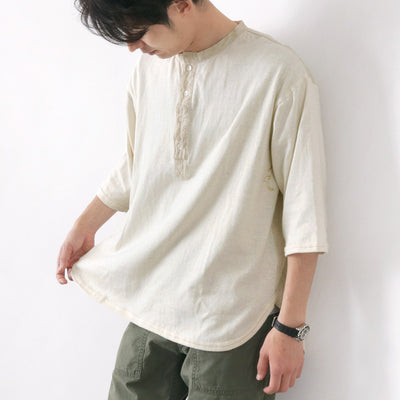 SLOW HANDS（スローハンズ）ヘンリーネック コンビ Tシャツ 6分袖 / 半袖 綿 速乾 ラウンドカット コットン ヘンプ メンズ