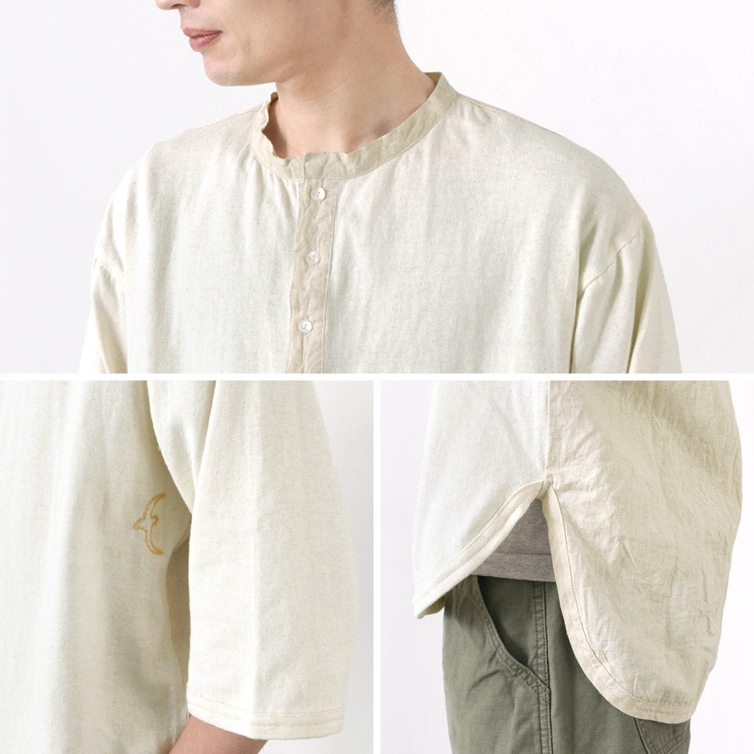 SLOW HANDS（スローハンズ）ヘンリーネック コンビ Tシャツ 6分袖 / 半袖 綿 速乾 ラウンドカット コットン ヘンプ メンズ