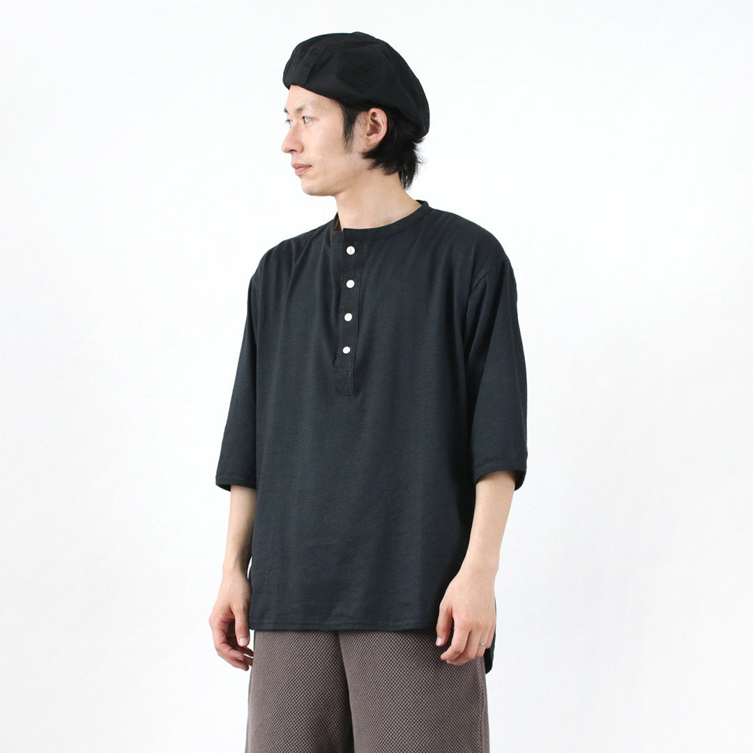 SLOW HANDS（スローハンズ）ヘンリーネック コンビ Tシャツ 6分袖 / 半袖 綿 速乾 ラウンドカット コットン ヘンプ メンズ