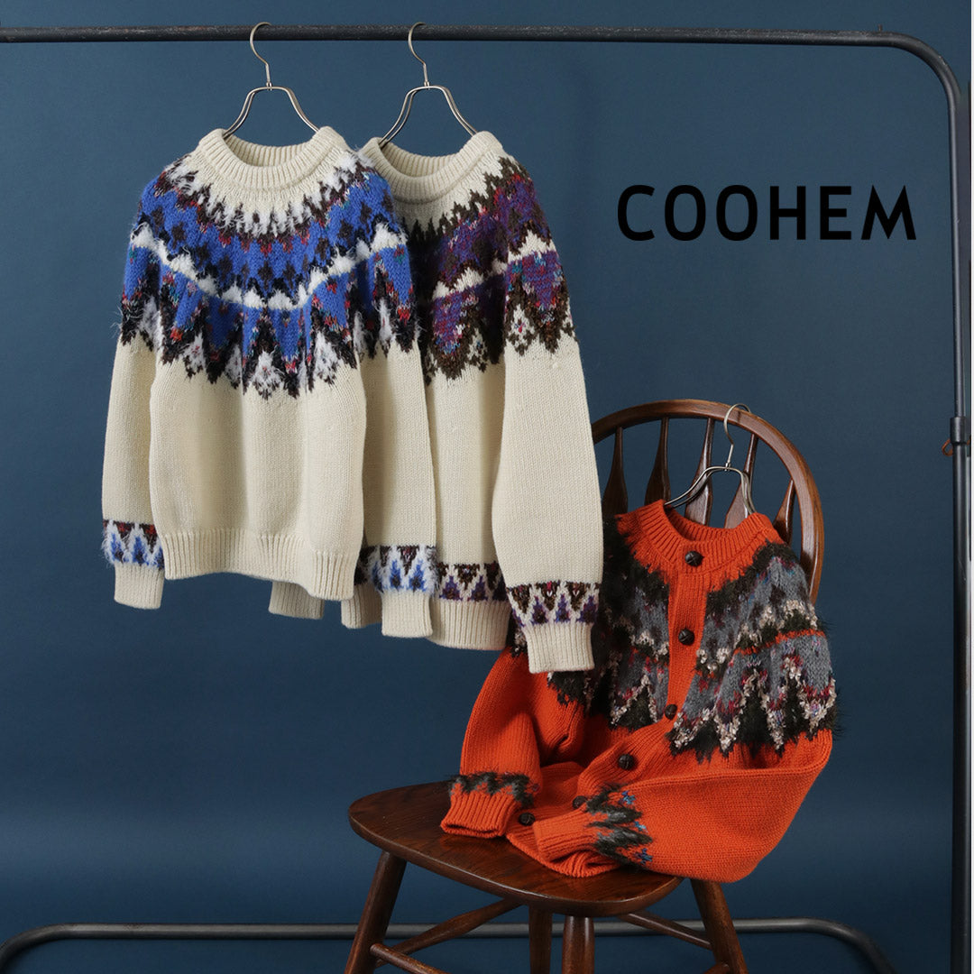 【30％OFF】COOHEM（コーヘン） ノルディック ニット カーディガン レディース ウール 刺繍 柄 厚手 日本製 ゆったり クルーネック 暖かい 北欧 米冨 YONETOMI KOHEN NORDIC KNIT C/D【セール】