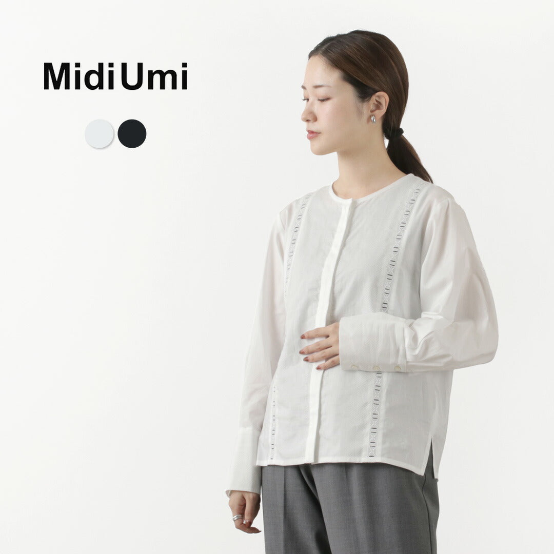 【50％OFF】MIDIUMI（ミディウミ） レースコンビ ボリュームスリーブシャツ 長袖 クルーネック ブラウス 綿 コットン ドビー レディース  春 キレイめ 上品 日本製 3-738949 Lace combi volume slv shirt【セール】