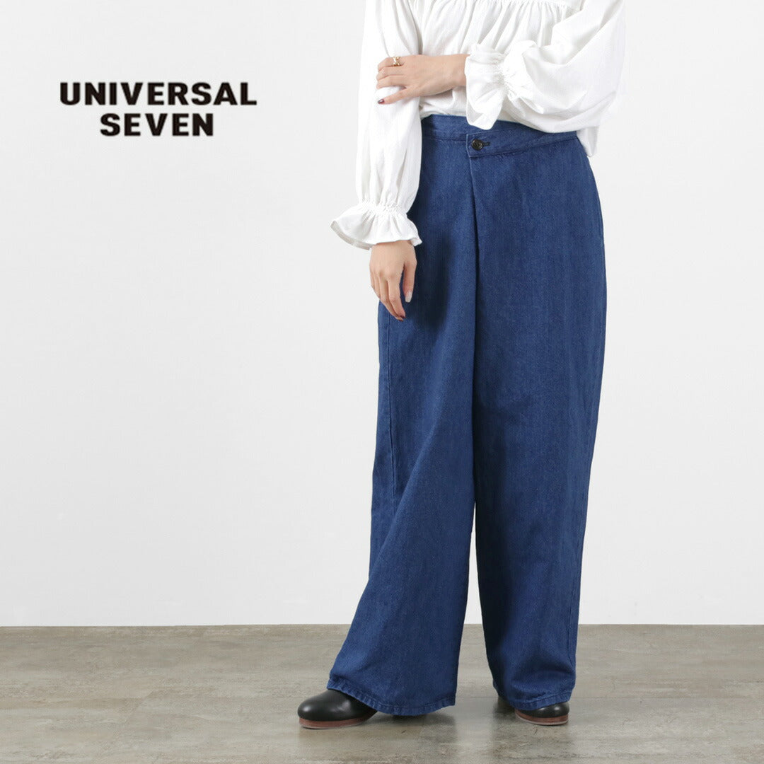 【30％OFF】UNIVERSAL SEVEN（ユニバーサル セヴン） サフィランリネンデニム ラップワイドPT