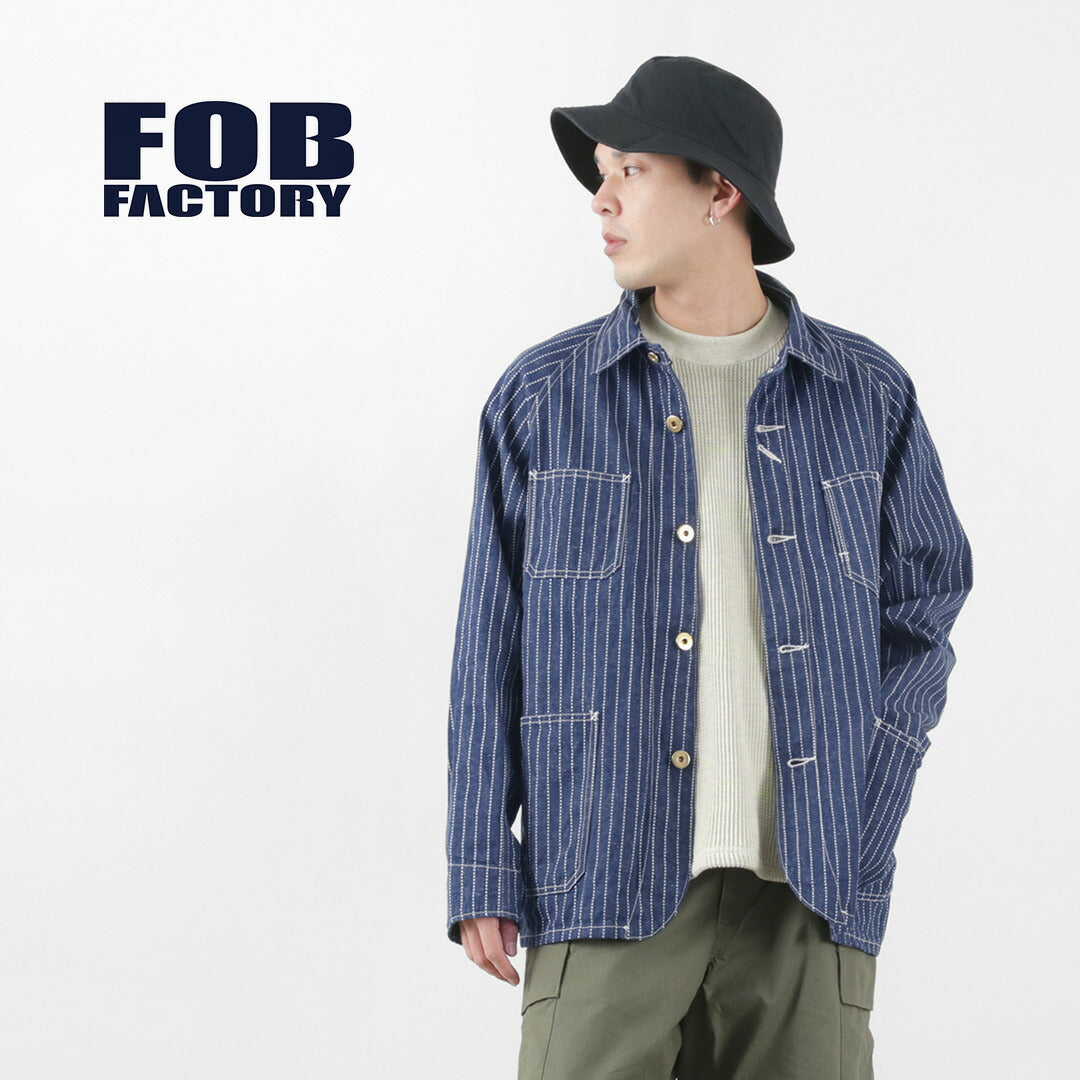 FOB FACTORY（FOBファクトリー） F2410 カバーオール ウォバッシュ / メンズ デニム ライトアウター ブルゾン ジャケット  ストライプ 柄 日本製 COVER ALL WABASH