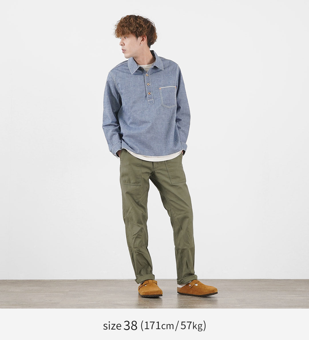 FOB FACTORY（FOBファクトリー） F3487 シャンブレー プルオーバーシャツ メンズ アウトドア 長袖 無地 コットン 日本製 CHAMBRAY P/O SHIRT