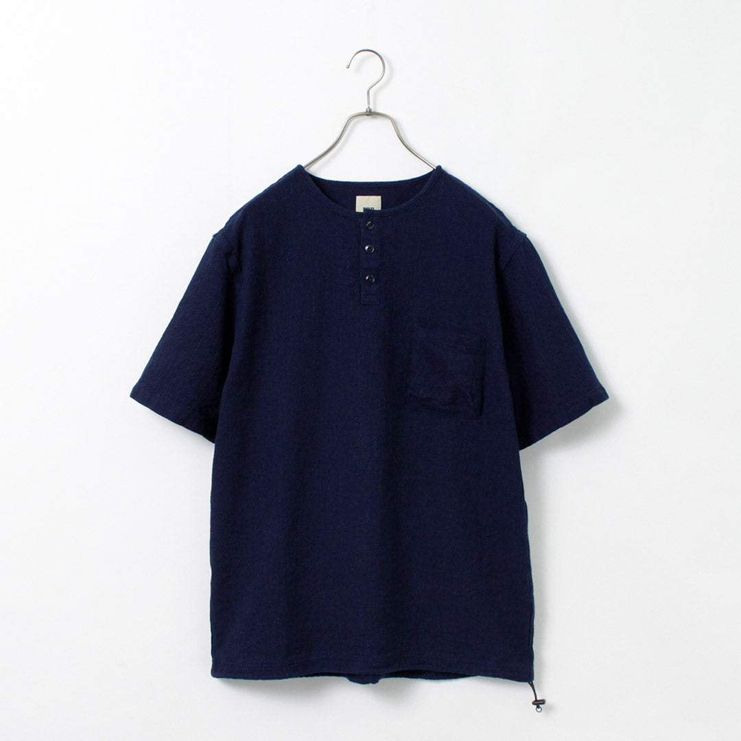 FOB FACTORY（FOBファクトリー） F3493 インディゴ ワッフル Tシャツ / トップス 半袖 メンズ ヘンリーネック 日本製 INDIGO WAFFLE-T