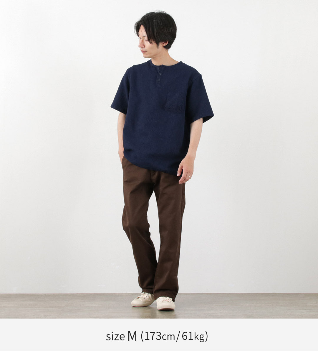 FOB FACTORY（FOBファクトリー） F3493 インディゴ ワッフル Tシャツ / トップス 半袖 メンズ ヘンリーネック 日本製 INDIGO WAFFLE-T