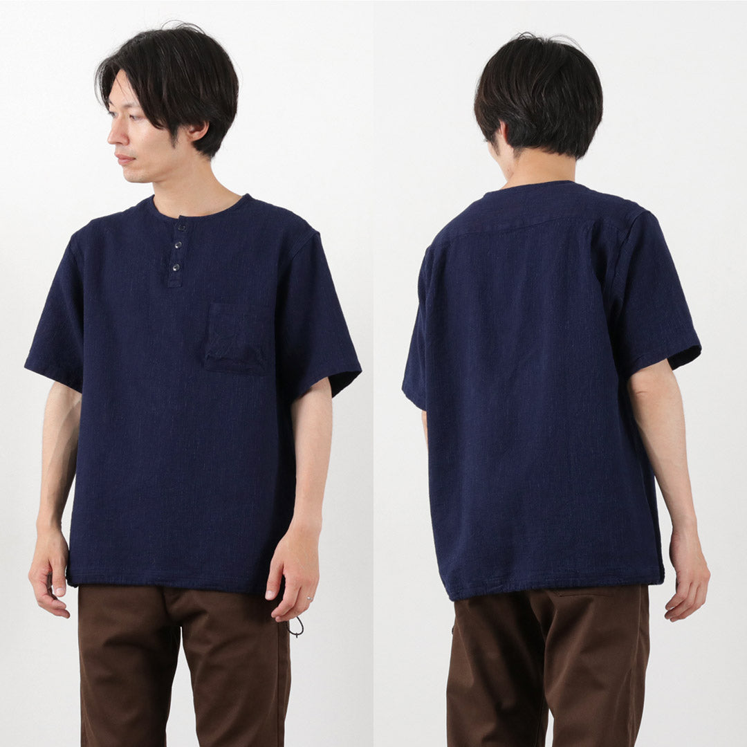 FOB FACTORY（FOBファクトリー） F3493 インディゴ ワッフル Tシャツ / トップス 半袖 メンズ ヘンリーネック 日本製 INDIGO WAFFLE-T