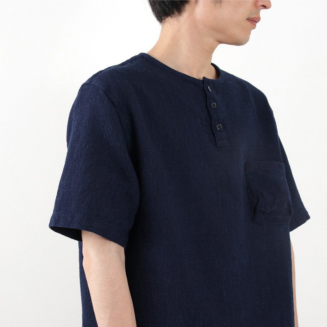 FOB FACTORY（FOBファクトリー） F3493 インディゴ ワッフル Tシャツ / トップス 半袖 メンズ ヘンリーネック 日本製 INDIGO WAFFLE-T