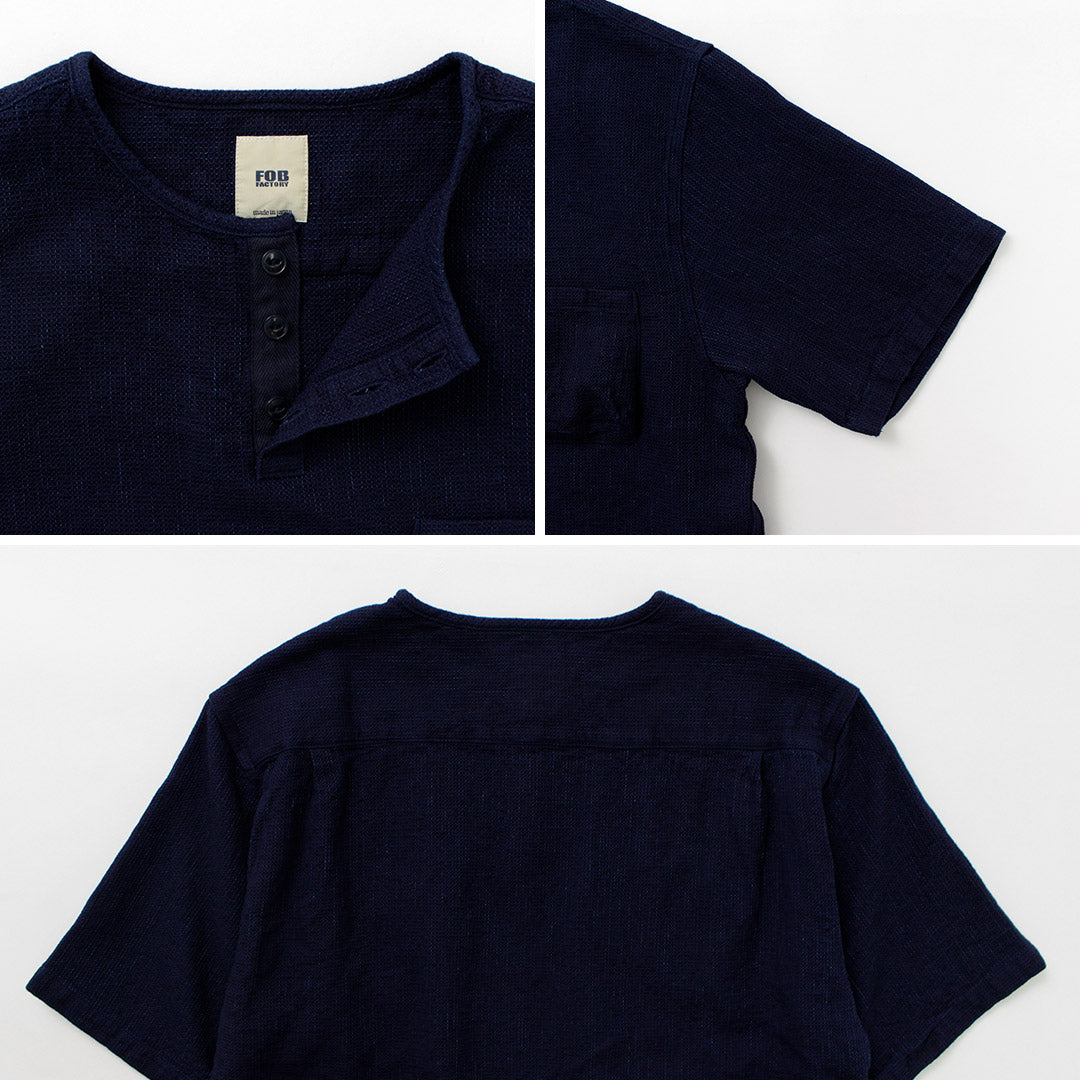 FOB FACTORY（FOBファクトリー） F3493 インディゴ ワッフル Tシャツ / トップス 半袖 メンズ ヘンリーネック 日本製 INDIGO WAFFLE-T