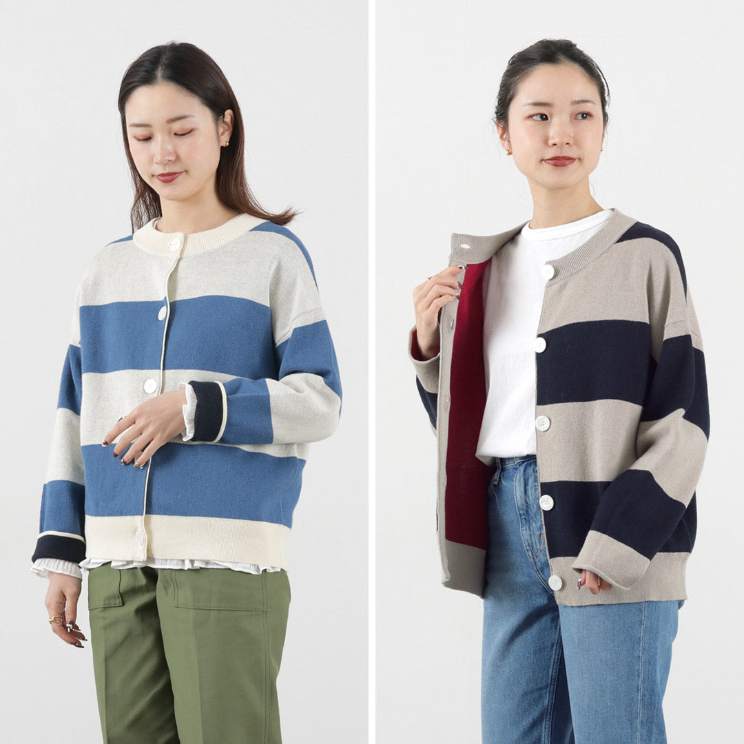 【30％OFF】MAO MADE（マオメイド） ビッグボーダー ダブルフェイス カーディガン / レディース クルーネック リネン混 Big Border Wface Cardigan【セール】