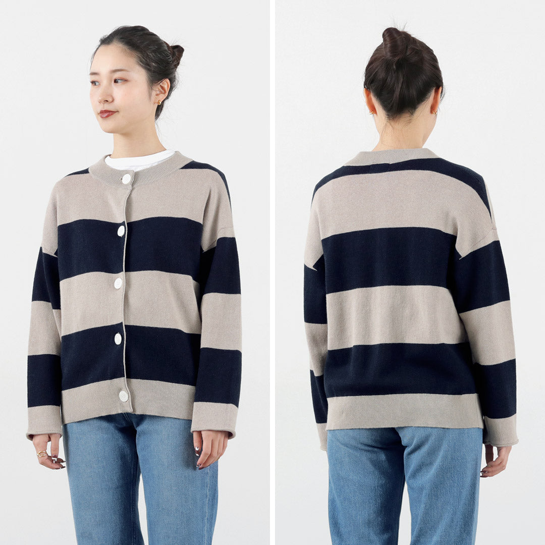 【30％OFF】MAO MADE（マオメイド） ビッグボーダー ダブルフェイス カーディガン / レディース クルーネック リネン混 Big Border Wface Cardigan【セール】