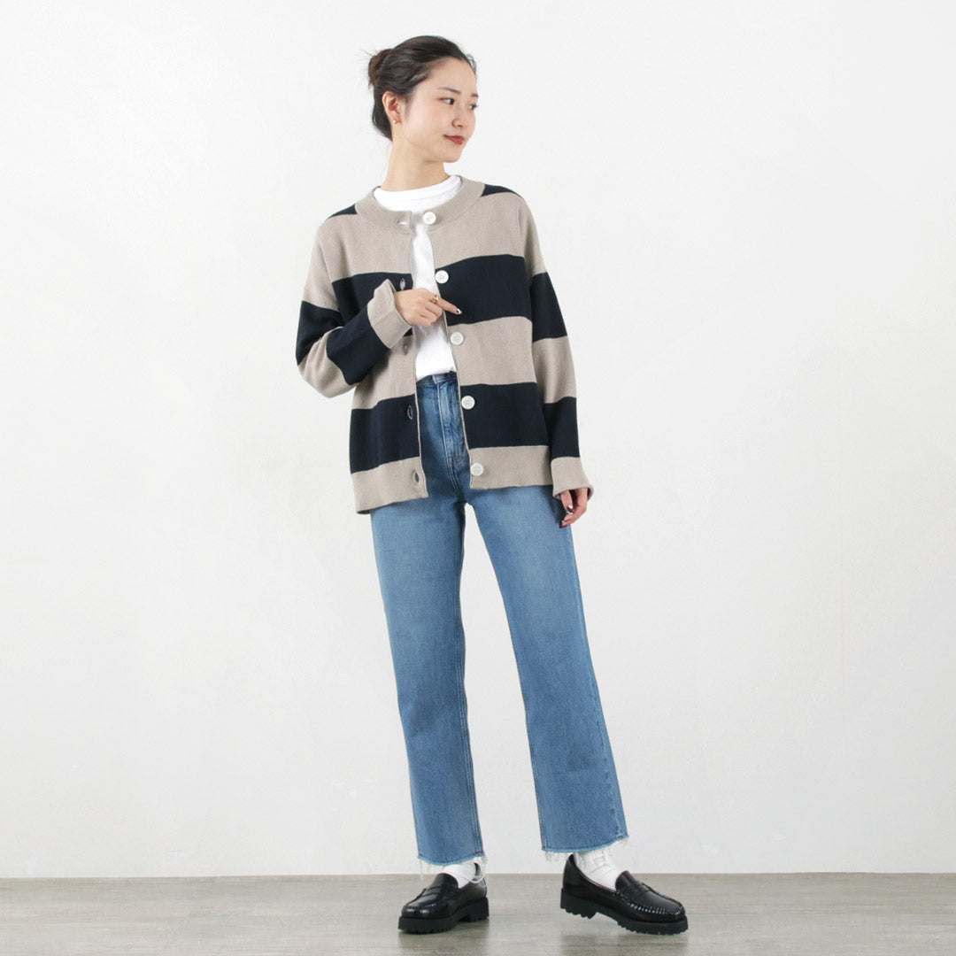 【30％OFF】MAO MADE（マオメイド） ビッグボーダー ダブルフェイス カーディガン / レディース クルーネック リネン混 Big Border Wface Cardigan【セール】