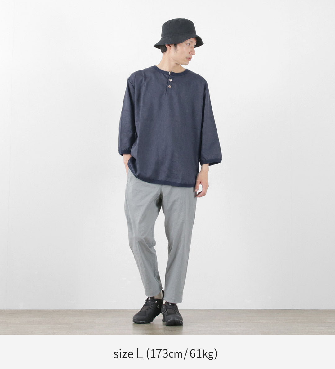 【20％OFF】RE MADE IN TOKYO JAPAN（アールイー） リネンキャンバス ヘンリーネックTシャツ / 7分袖 麻 吸湿 速乾 メンズ 日本製 Linen Canvas Henley Neck【セール】