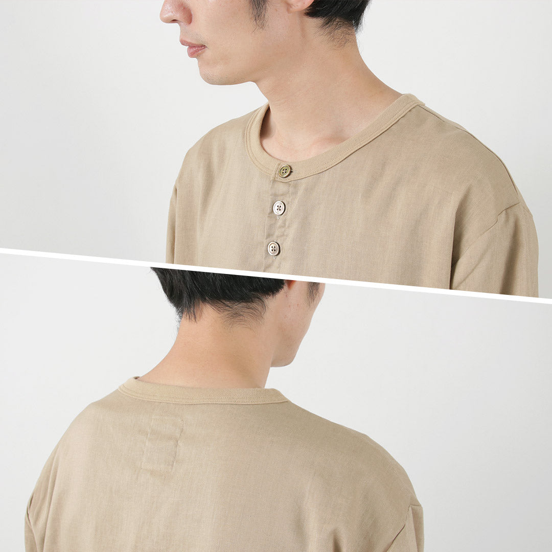 【20％OFF】RE MADE IN TOKYO JAPAN（アールイー） リネンキャンバス ヘンリーネックTシャツ / 7分袖 麻 吸湿 速乾 メンズ 日本製 Linen Canvas Henley Neck【セール】