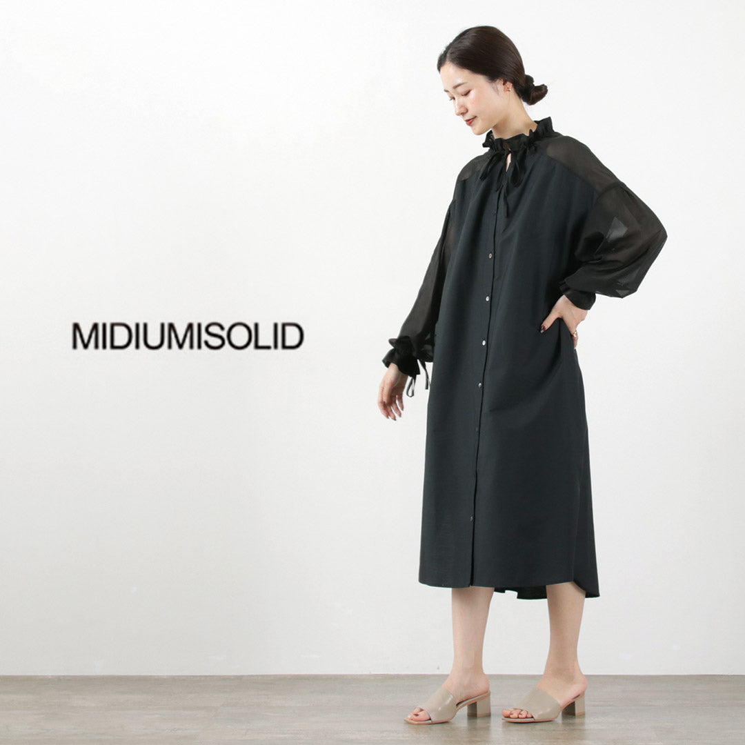 MIDIUMISOLID（ミディウミソリッド） シアースイッチング シャツワンピース / レディース ブラウス 長袖 綿 コットン リボン Sheer Switching Shirt-OP