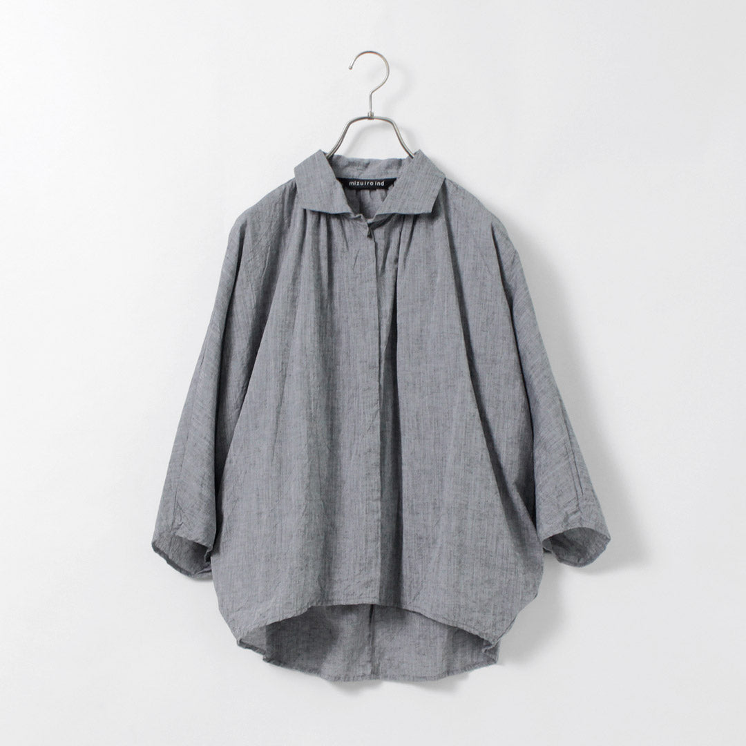 【30％OFF】mizuiro ind（ミズイロインド） ギャザー ドルマンシャツ / レディース トップス ブラウス 綿 リネン 日本製 Gathered Dolman Shirt【セール】